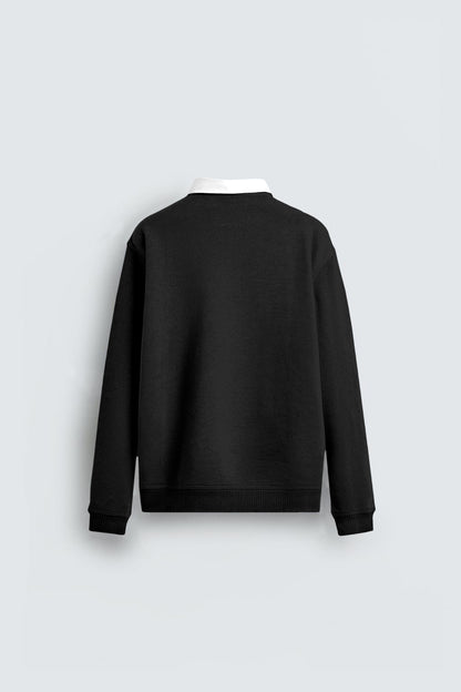 Back view of black long sleeve sweatshirt with white collar on light background