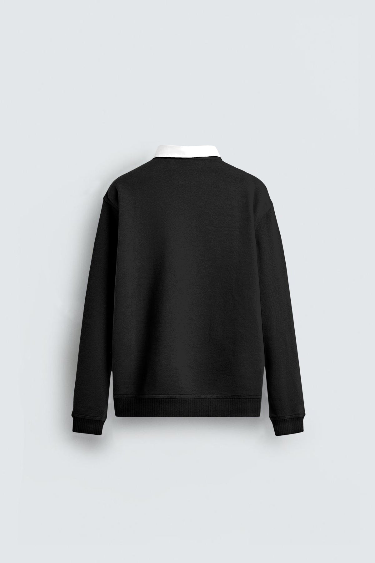 Back view of black long sleeve sweatshirt with white collar on light background