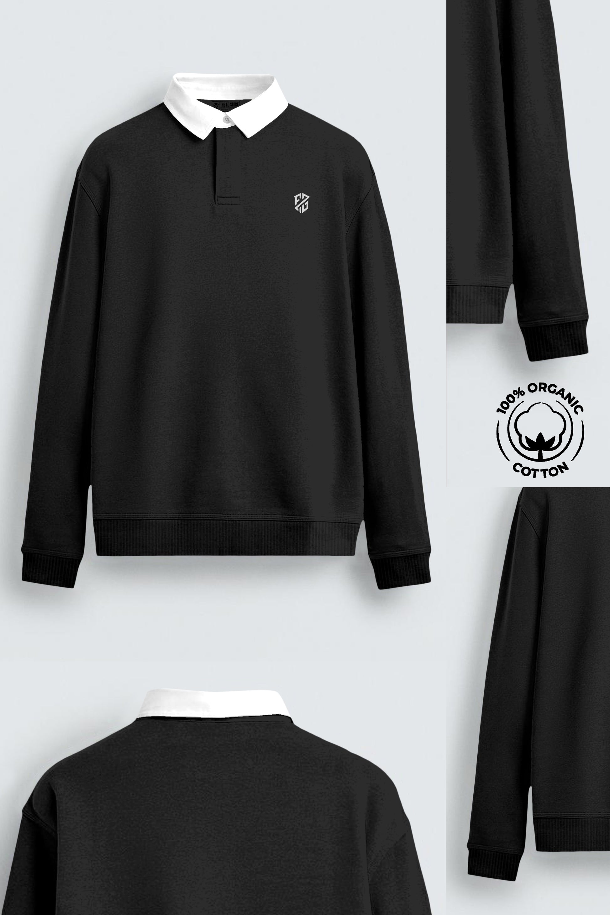 Black organic cotton rugby sweater with white collar and embroidered chest logo