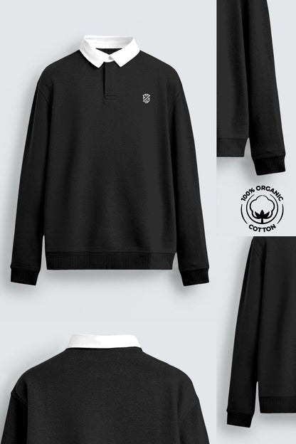 Black organic cotton rugby sweater with white collar and embroidered chest logo