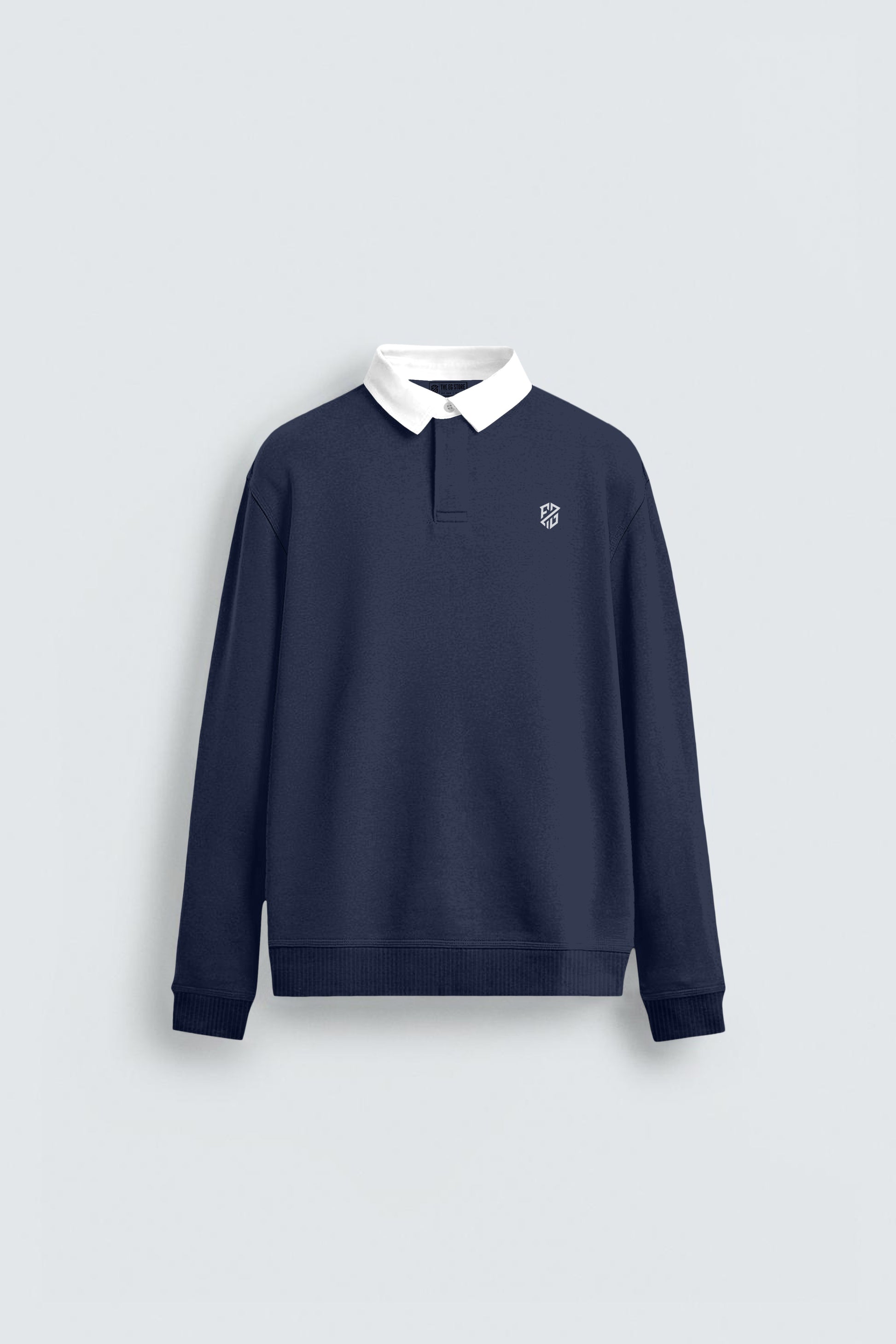 Navy blue crewneck sweatshirt with white collar and small chest logo on plain background