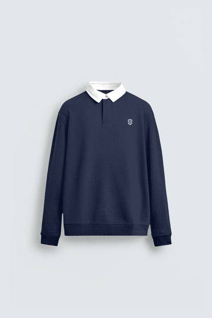 Navy blue crewneck sweatshirt with white collar and small chest logo on plain background