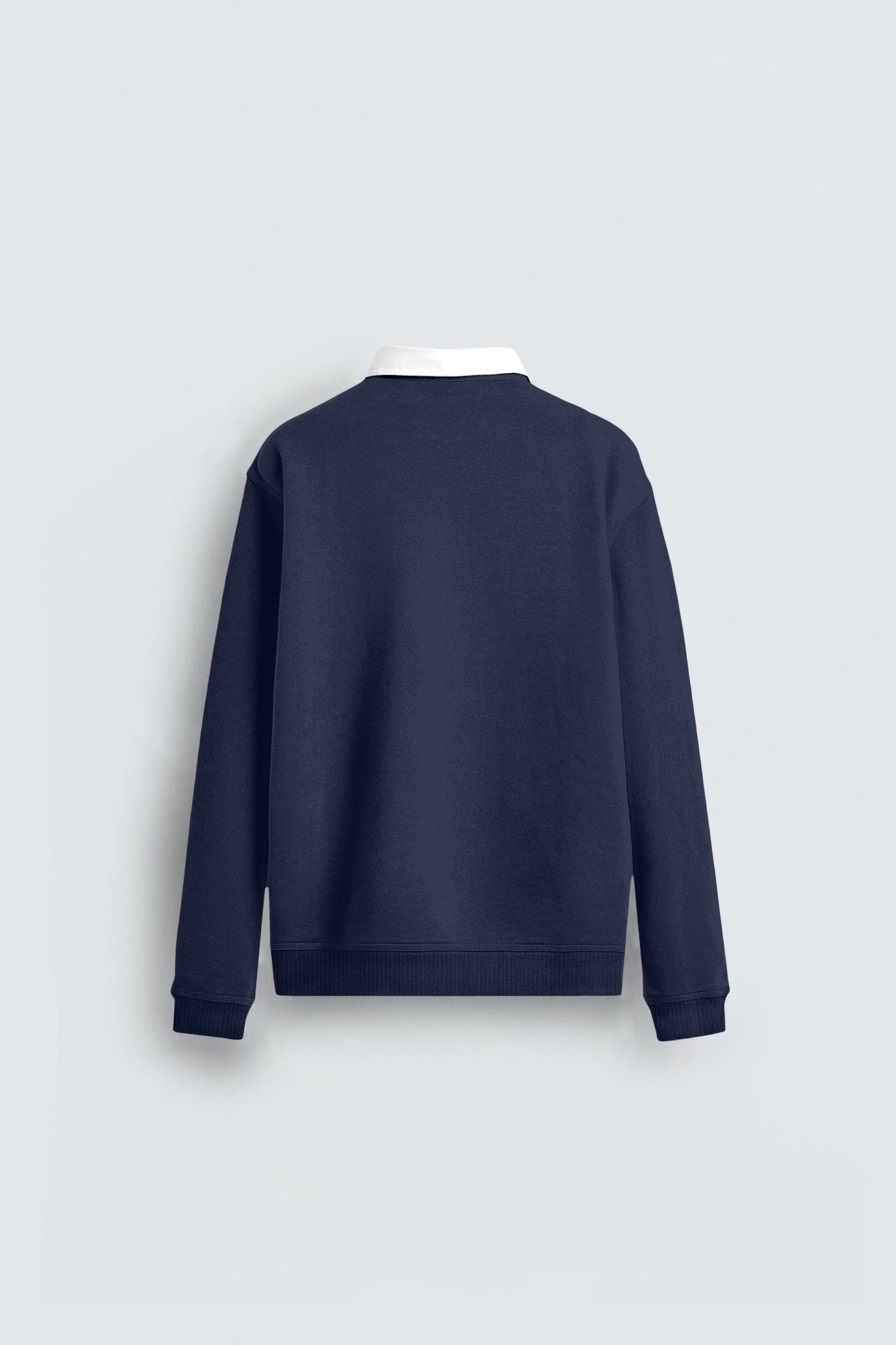 Back view of a navy blue sweatshirt with a white collar on a light background