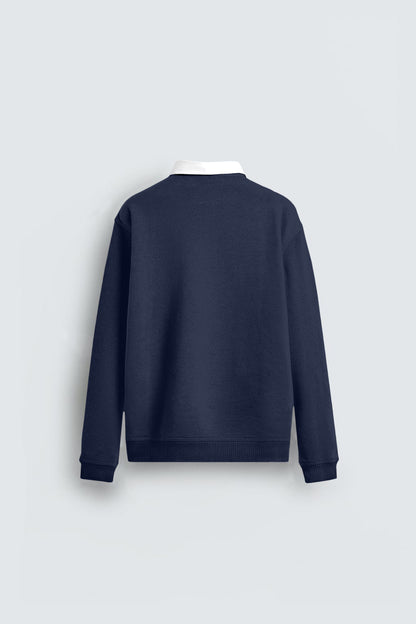 Back view of a navy blue sweatshirt with a white collar on a light background