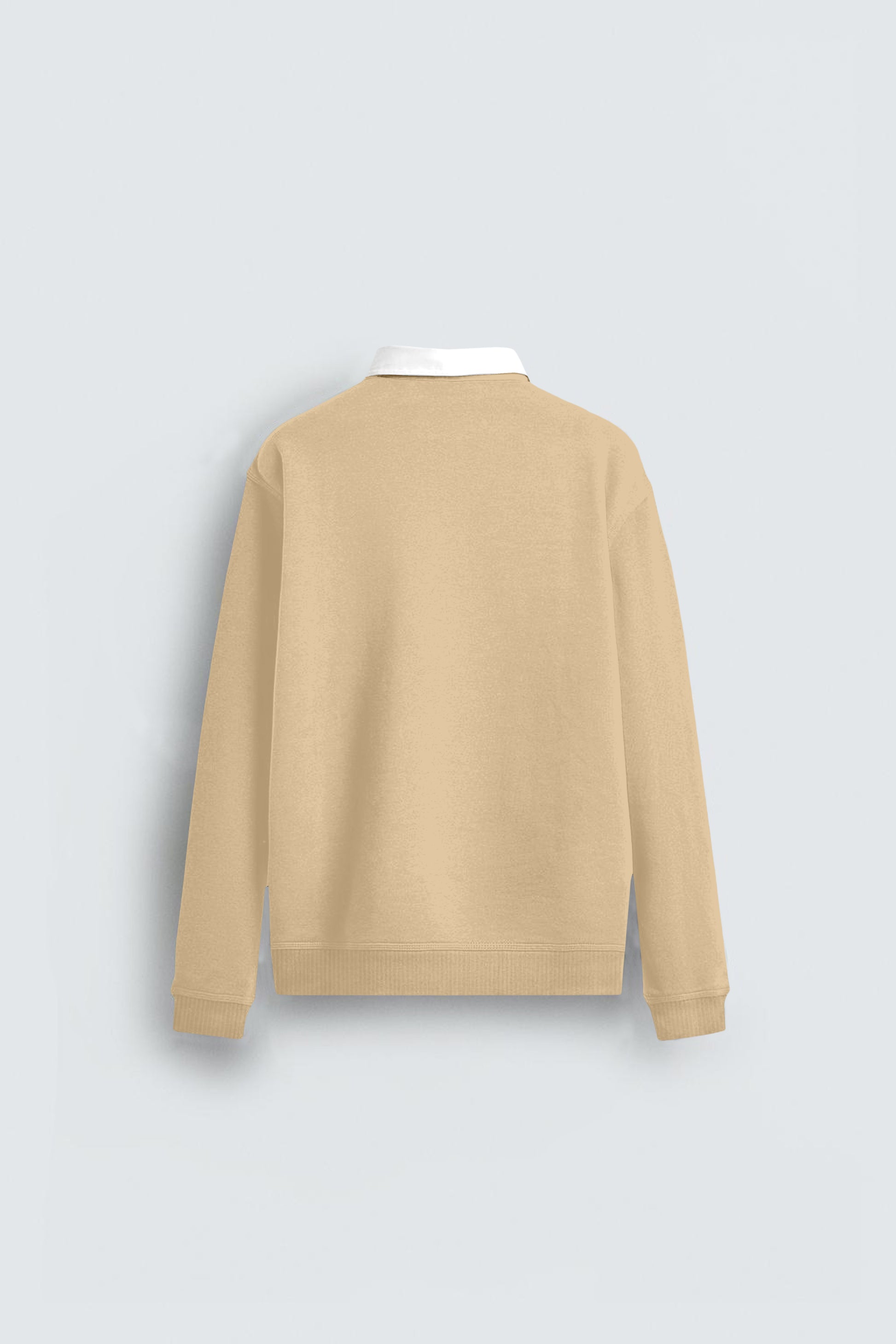 Back view of beige sweatshirt with white collar, long sleeves, minimalist design