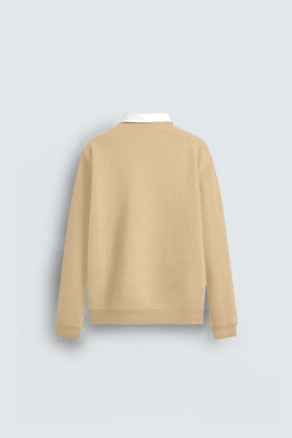Back view of beige sweatshirt with white collar, long sleeves, minimalist design