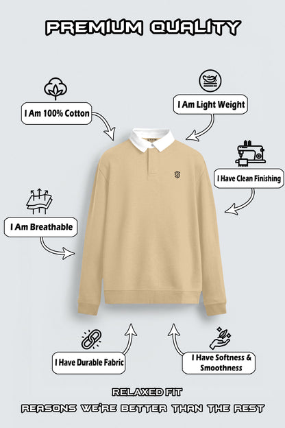 Beige cotton pullover with white collar, relaxed fit, durable, lightweight, breathable, clean finish.