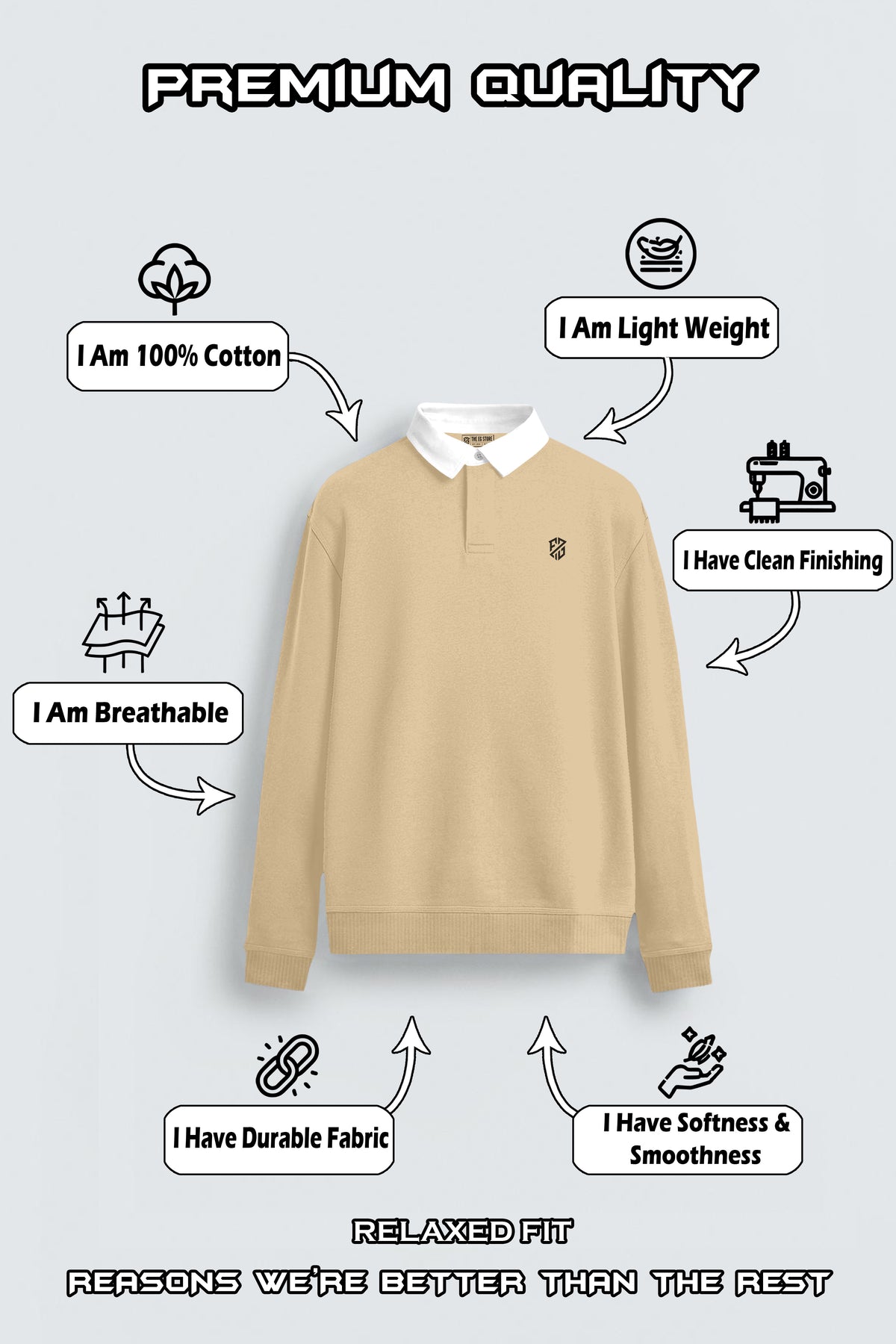 Beige cotton pullover with white collar, relaxed fit, durable, lightweight, breathable, clean finish.