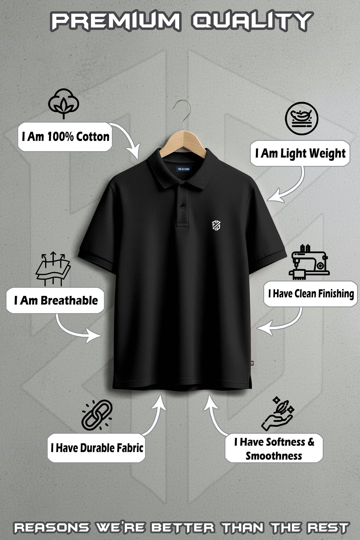 Black cotton polo shirt on hanger showcasing premium quality, breathable, lightweight, and durable fabric features.