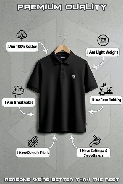 Black cotton polo shirt on hanger showcasing premium quality, breathable, lightweight, and durable fabric features.