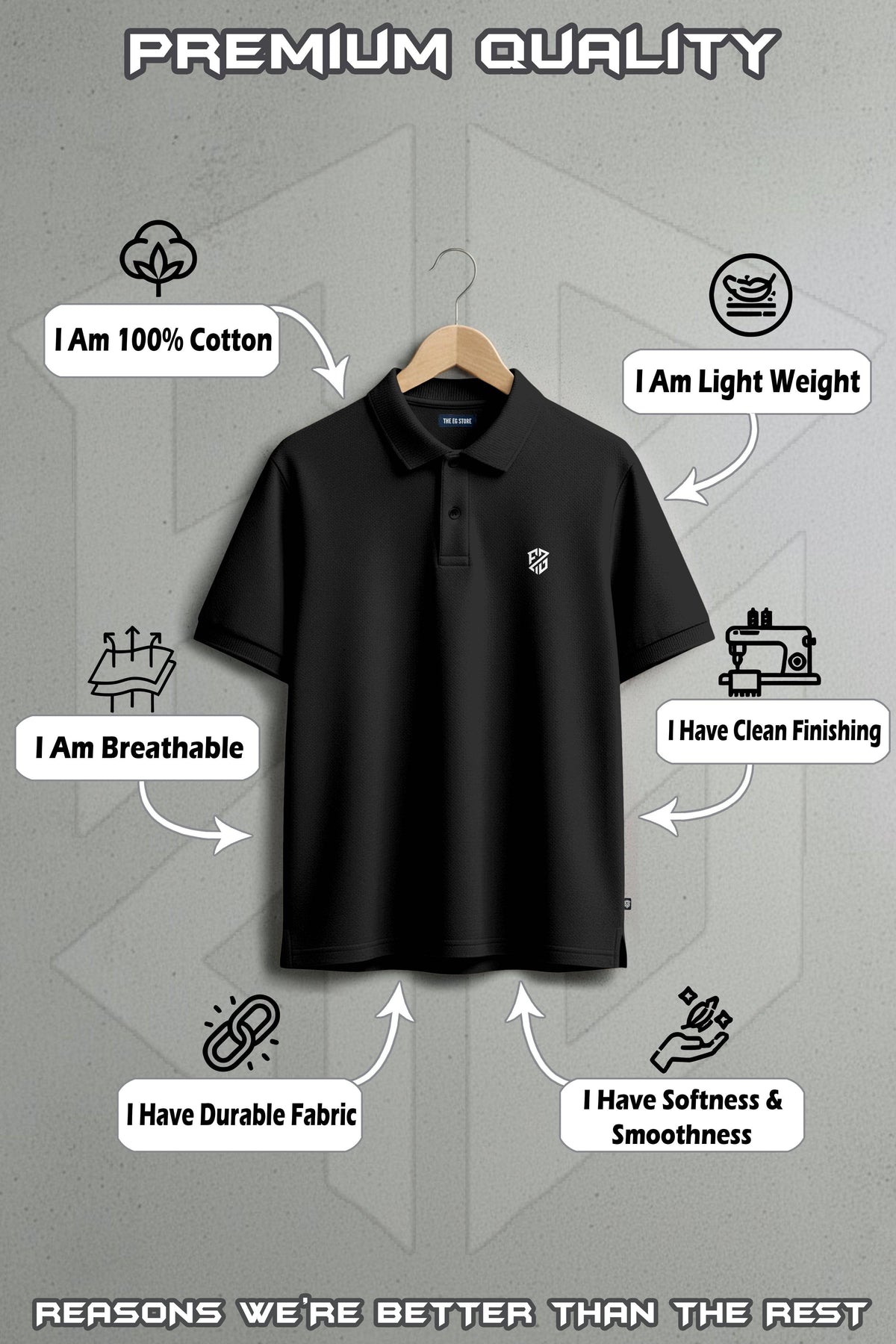 Black cotton polo shirt on hanger showcasing premium quality, breathable, lightweight, and durable fabric features.