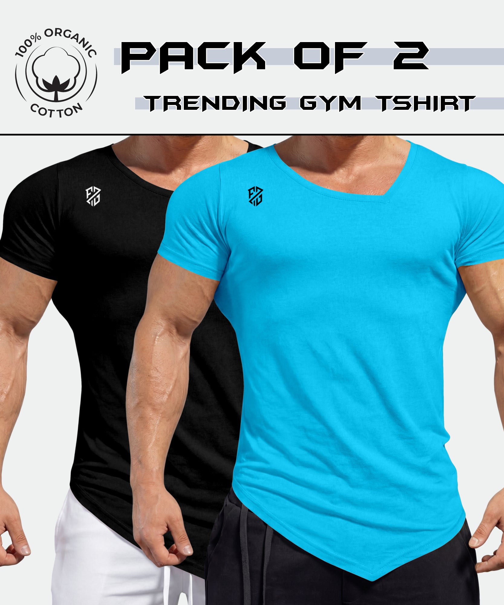 Pack of 2 gym t-shirts in black and blue, slim fit, 100% organic cotton, for men