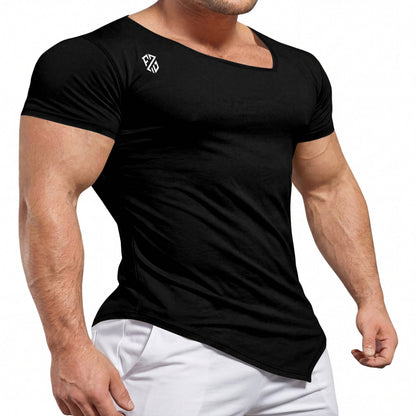 Fitted black short sleeve t-shirt with asymmetrical neckline on muscular man, white pants
