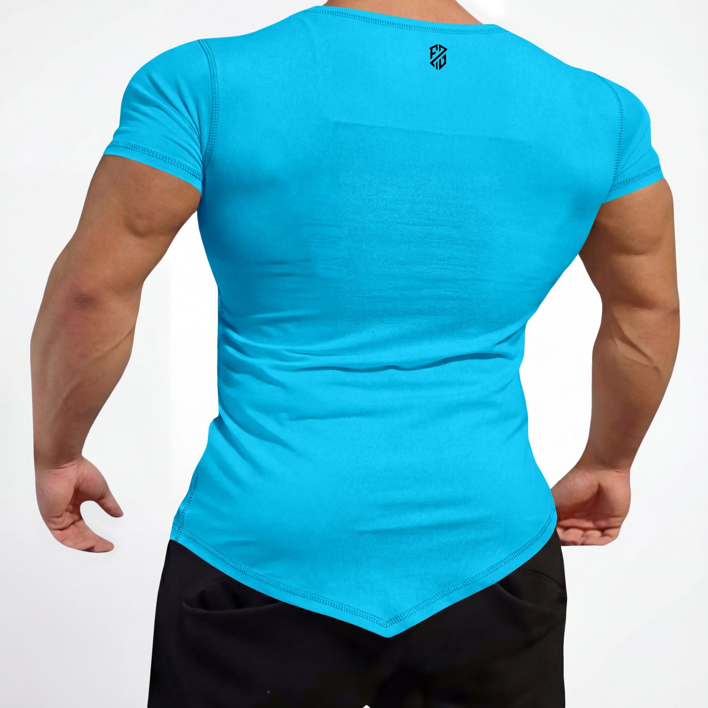 Man wearing fitted turquoise gym t-shirt with angled hem and short sleeves, back view