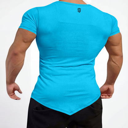 Man wearing fitted turquoise gym t-shirt with angled hem and short sleeves, back view