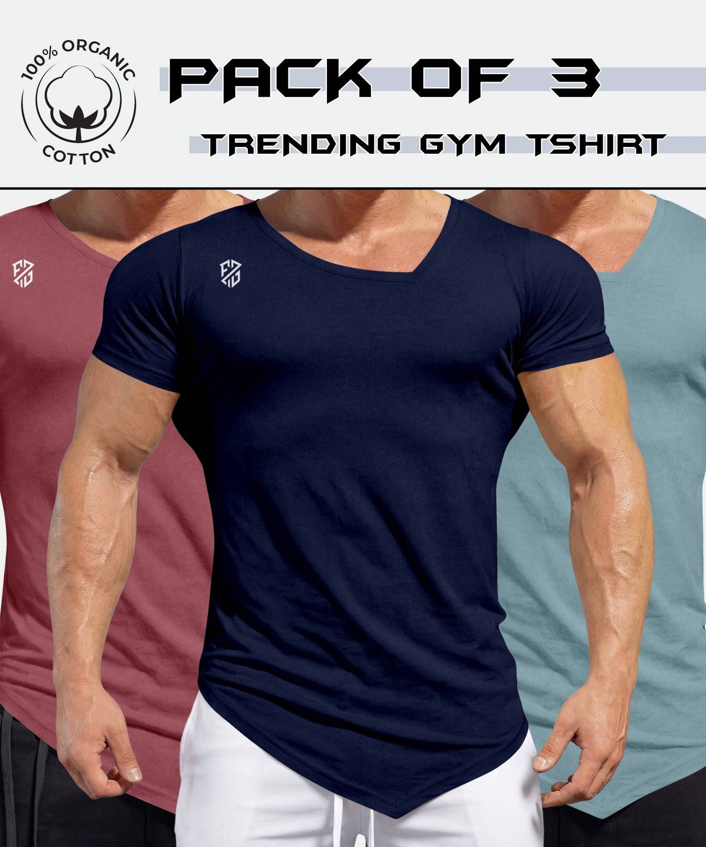 Pack of three comfort fit gym T-shirts by THE EG STORE, lightweight and breathable athletic shirts for workout and casual wear.