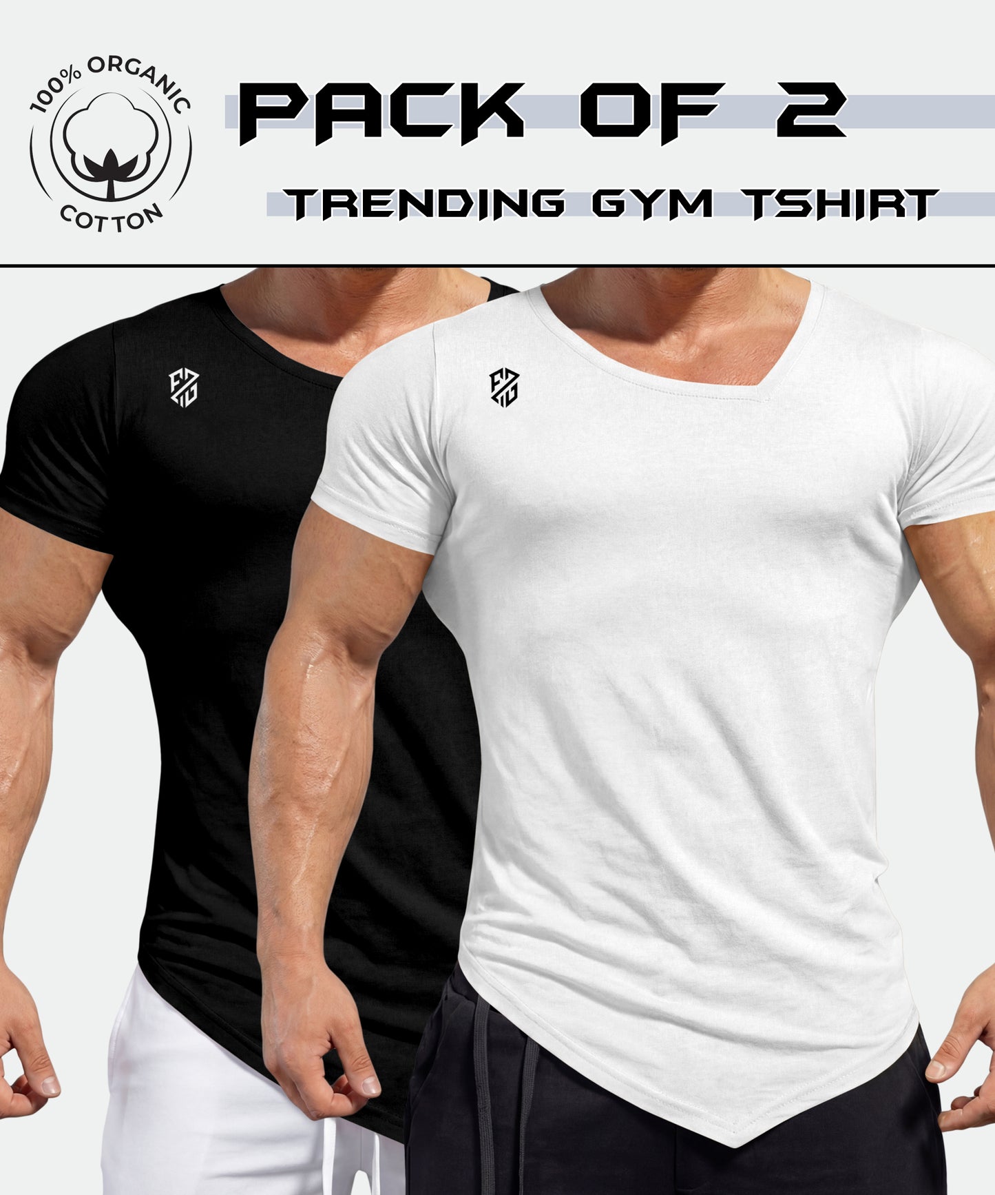 Pack of 2 organic cotton gym t-shirts for men, black and white, muscle fit style
