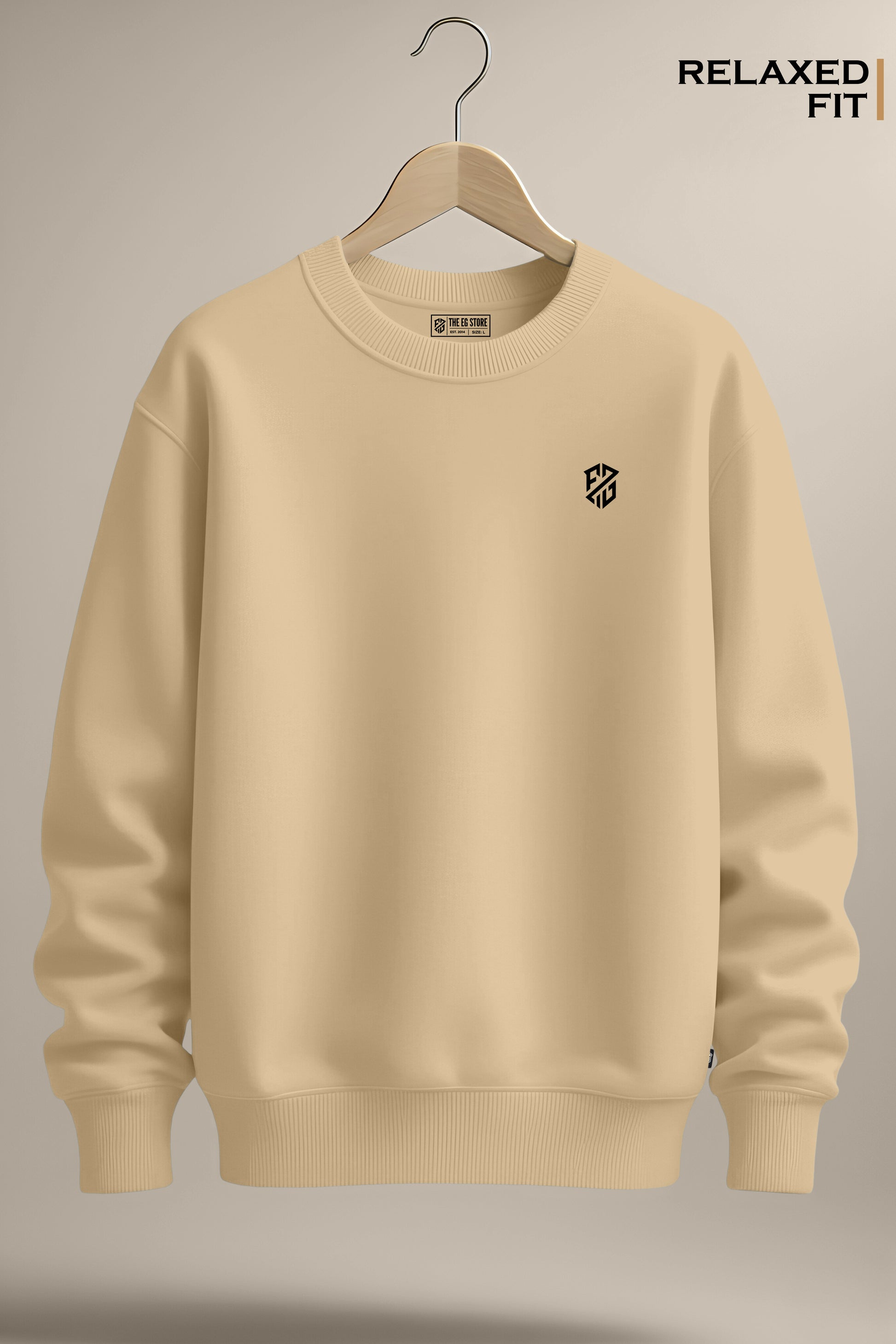 Beige relaxed fit sweatshirt with black chest logo, displayed on hanger