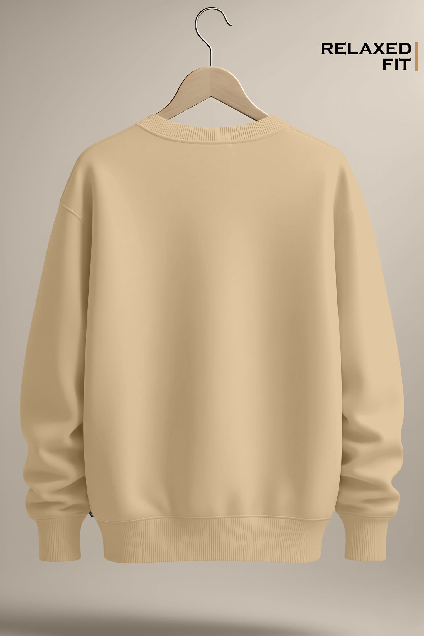 Beige relaxed fit sweatshirt on hanger, ribbed cuffs and hem, plain back view