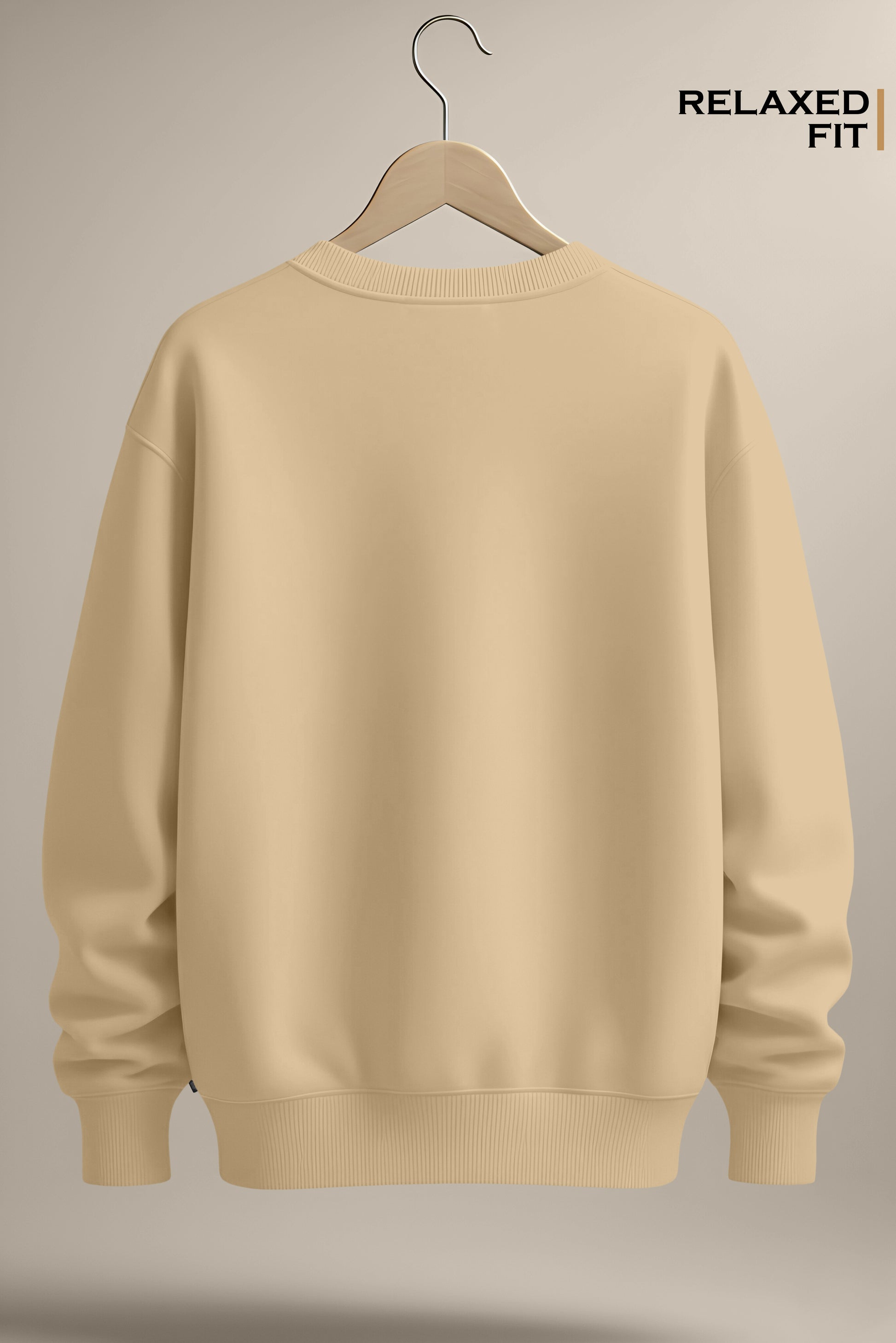 Beige relaxed fit sweatshirt on hanger, ribbed cuffs and hem, plain back view