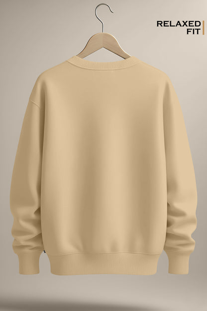 Beige relaxed fit sweatshirt on hanger, ribbed cuffs and hem, plain back view