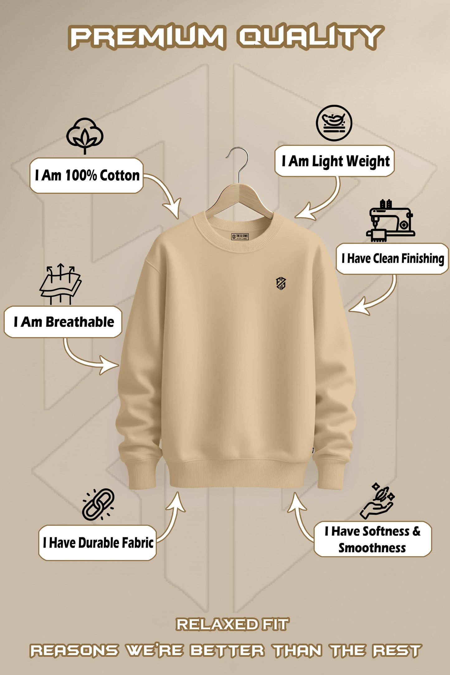 Beige cotton sweatshirt on hanger, labeled as lightweight, breathable, durable, soft, and clean finished.