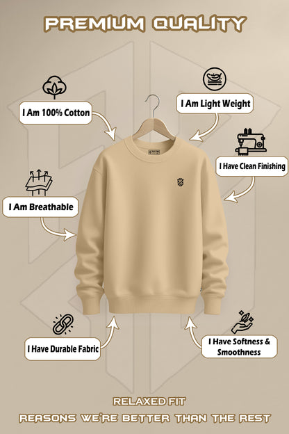 Beige cotton sweatshirt on hanger, labeled as lightweight, breathable, durable, soft, and clean finished.