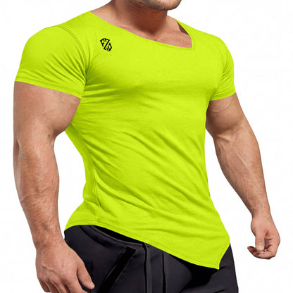 Men's neon yellow fitted short sleeve t-shirt with asymmetrical neckline