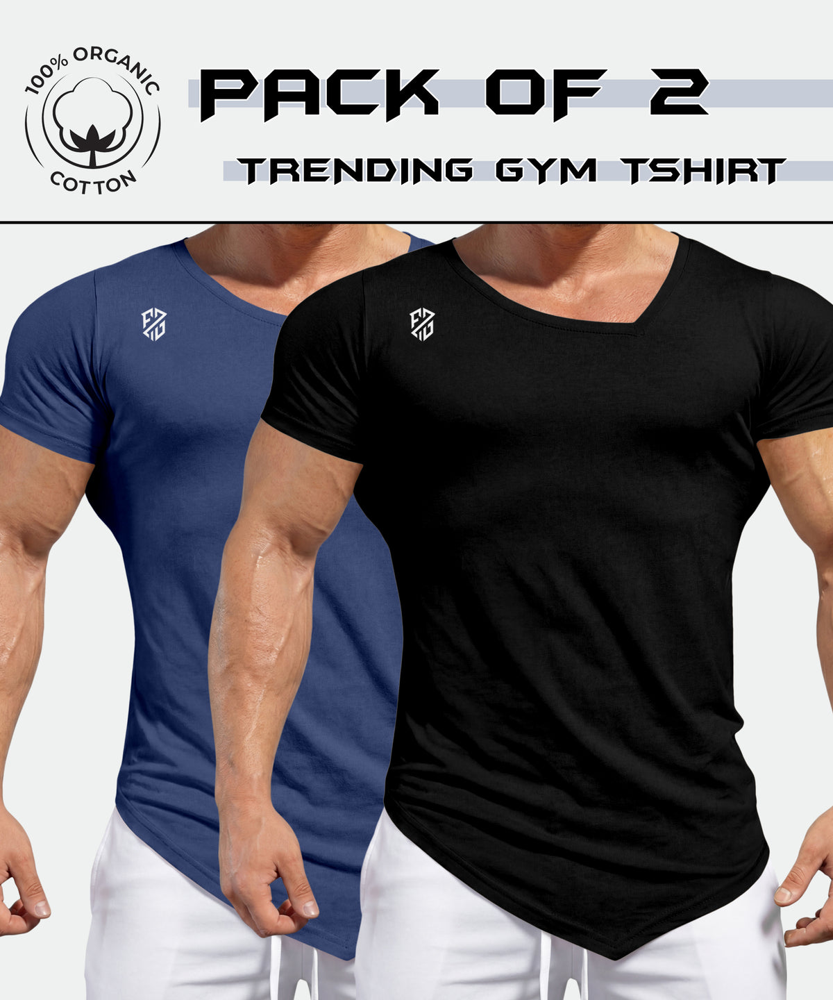 Pack of two mens gym t-shirts, black and blue, 100% organic cotton, athletic fit.