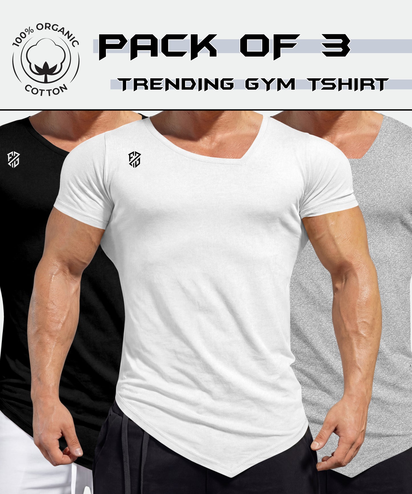 Pack of 3 men's gym t-shirts in black, white, and gray, 100% organic cotton, athletic fit