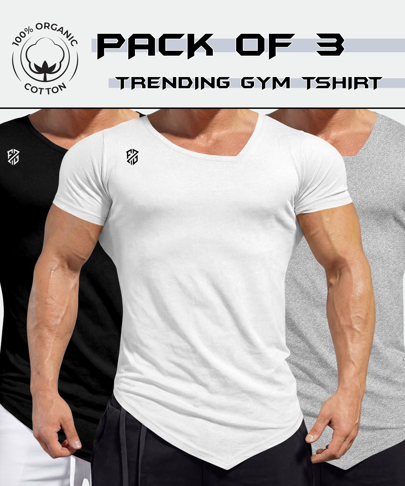 Pack of 3 men's gym t-shirts in black, white, and gray, 100% organic cotton, athletic fit