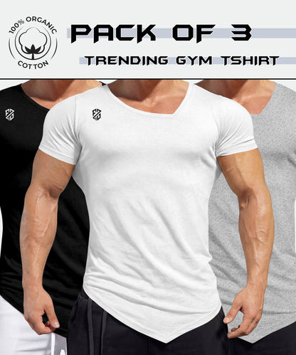 Pack of 3 men's gym t-shirts in black, white, and gray, 100% organic cotton, athletic fit