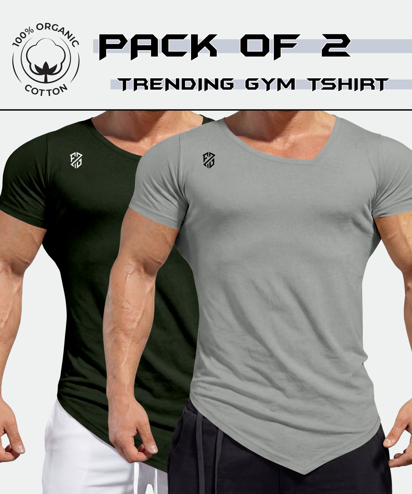 Pack of two men's gym t-shirts, one grey and one black, made from 100% organic cotton
