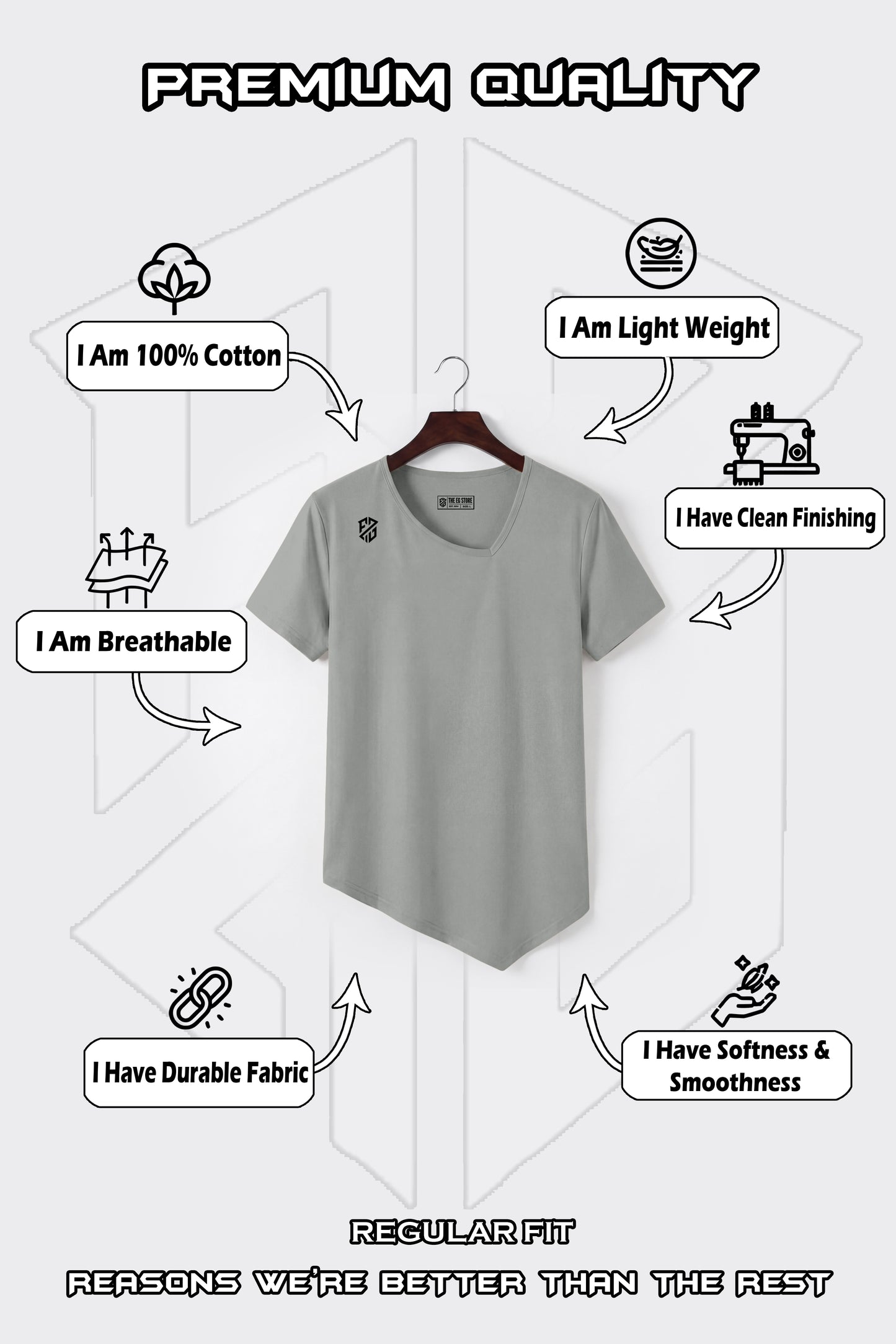Light grey 100% cotton t-shirt on hanger, regular fit, breathable, lightweight, durable fabric.