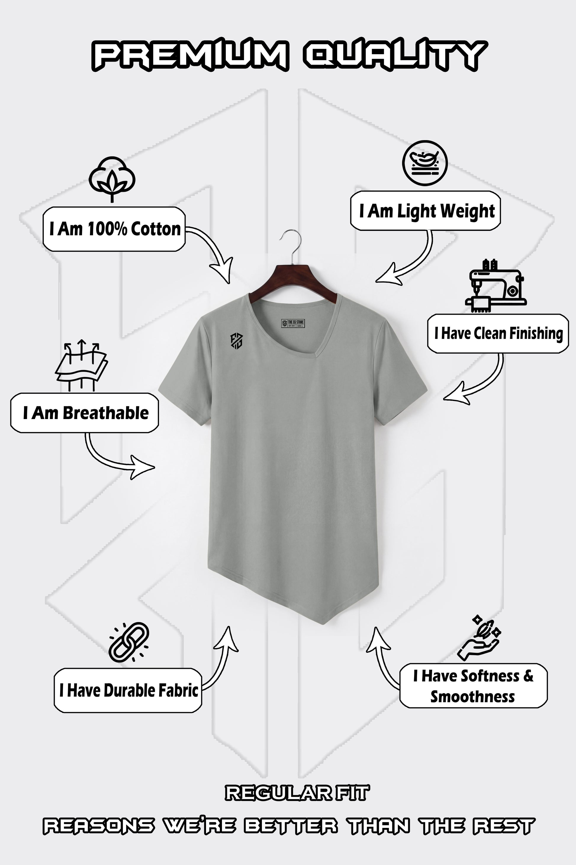 Light grey 100% cotton t-shirt on hanger, regular fit, breathable, lightweight, durable fabric.