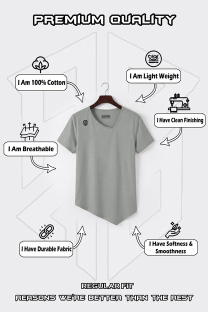 Light grey 100% cotton t-shirt on hanger, regular fit, breathable, lightweight, durable fabric.