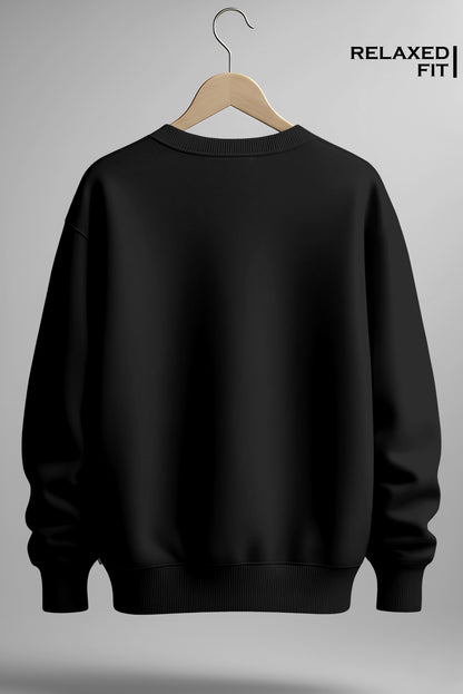Black relaxed fit sweatshirt on hanger, back view, plain background
