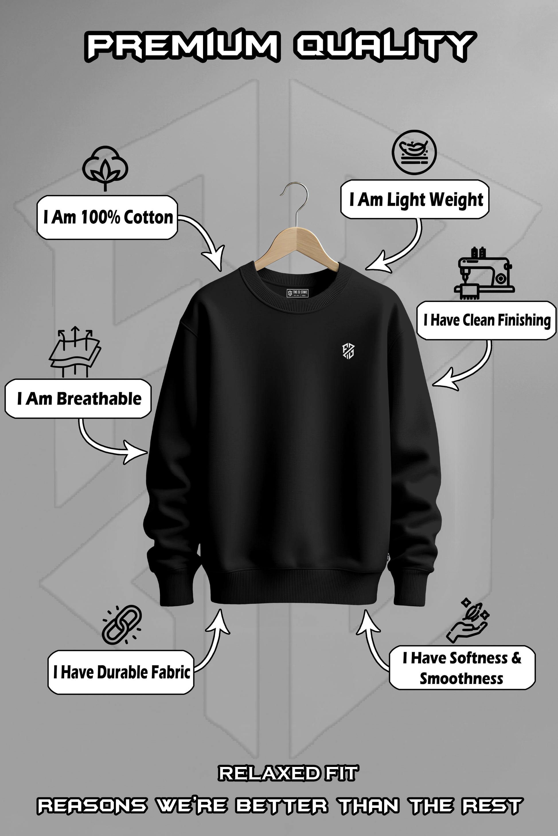 Black relaxed fit sweatshirt on hanger with soft, breathable, durable 100% cotton fabric