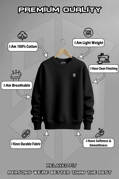 Black relaxed fit sweatshirt on hanger with soft, breathable, durable 100% cotton fabric