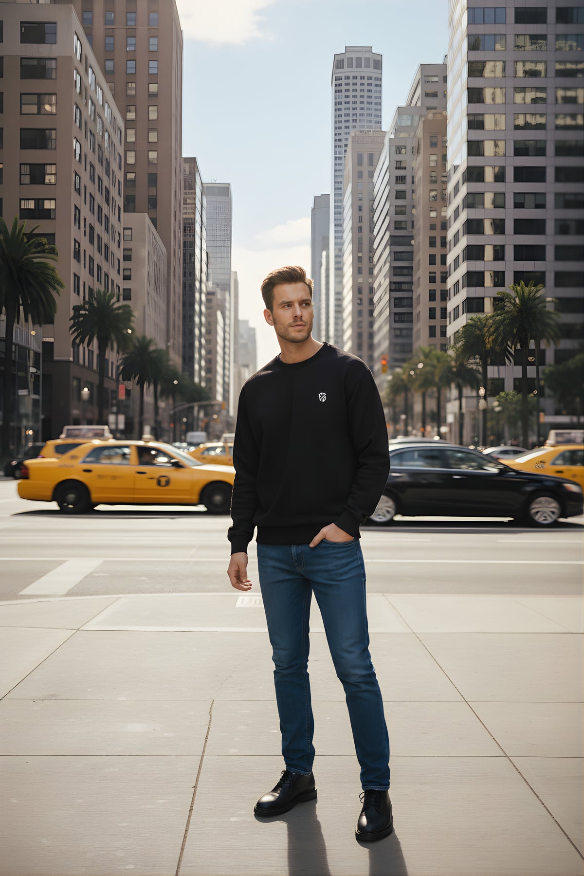 Man in black sweatshirt and blue jeans standing on city street with taxis and skyscrapers