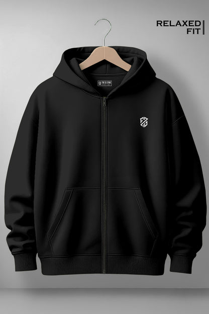 Black relaxed fit zip-up hoodie with white chest logo, front pockets, and hood on hanger