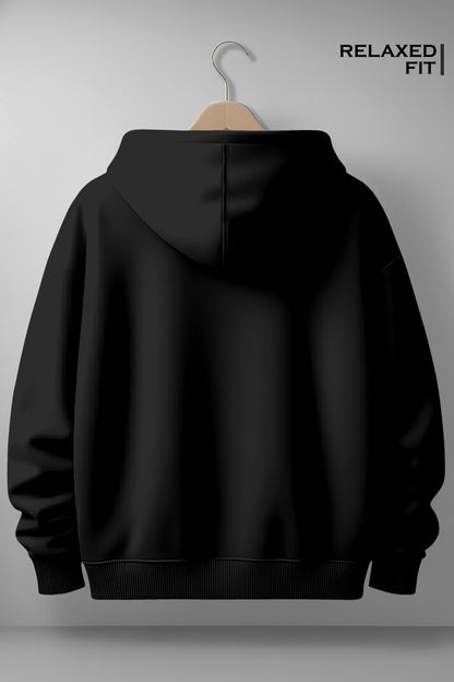 Black relaxed fit hoodie on hanger, plain back view against light background
