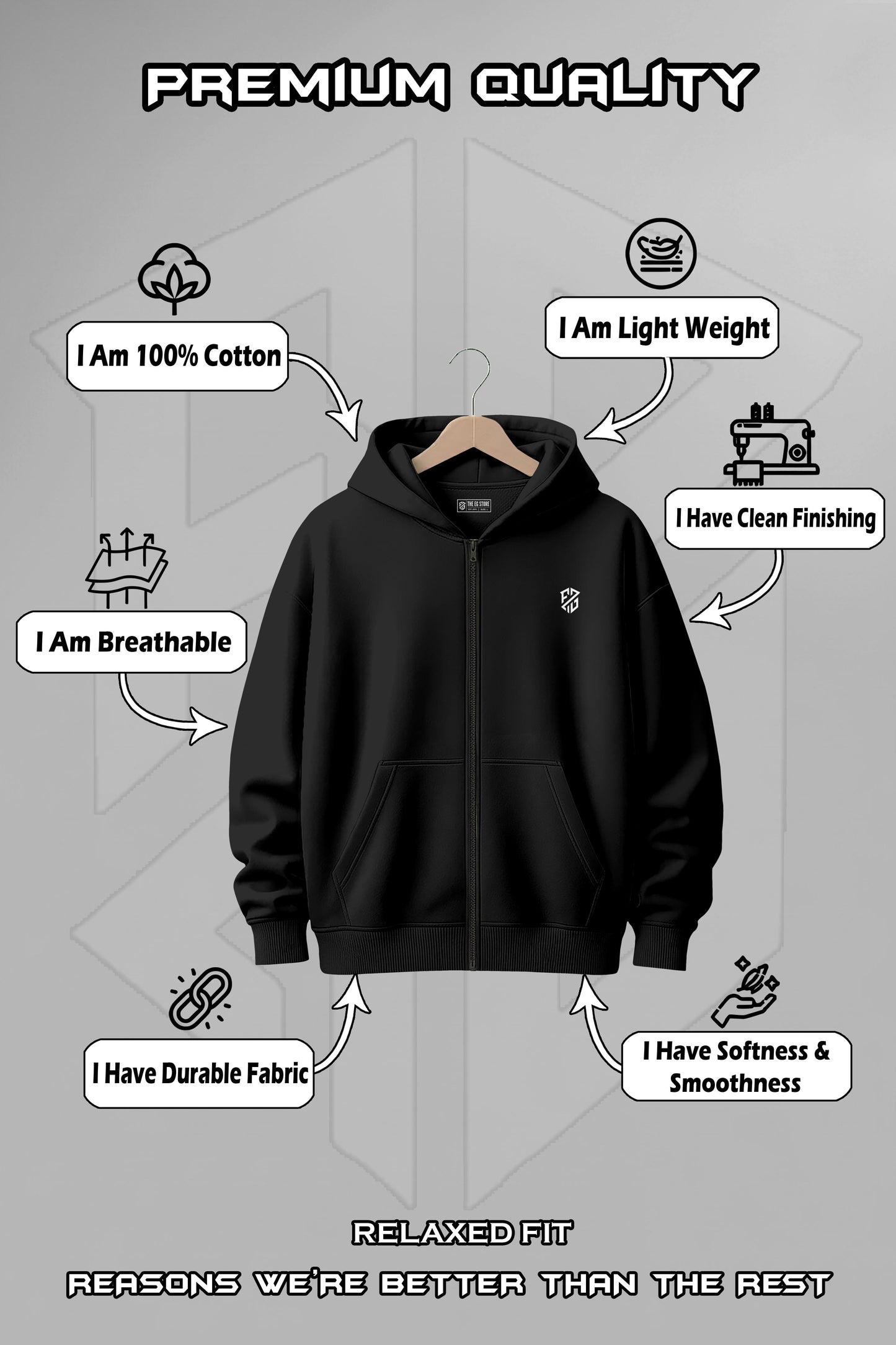 Black cotton zip-up hoodie on hanger, highlighting breathable, lightweight, durable, and soft fabric.
