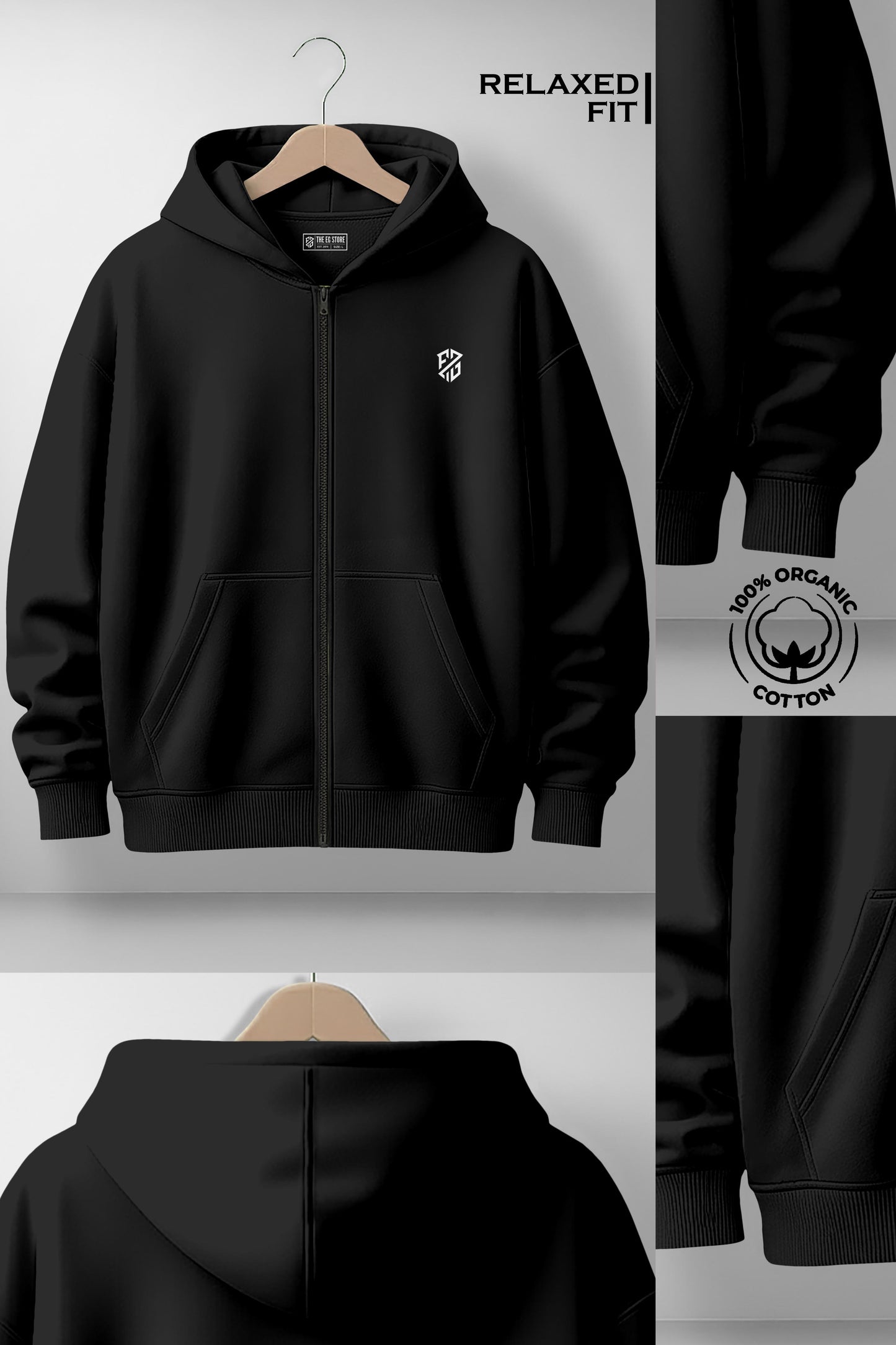 Black relaxed fit zip-up hoodie, front and back view, organic cotton, chest logo