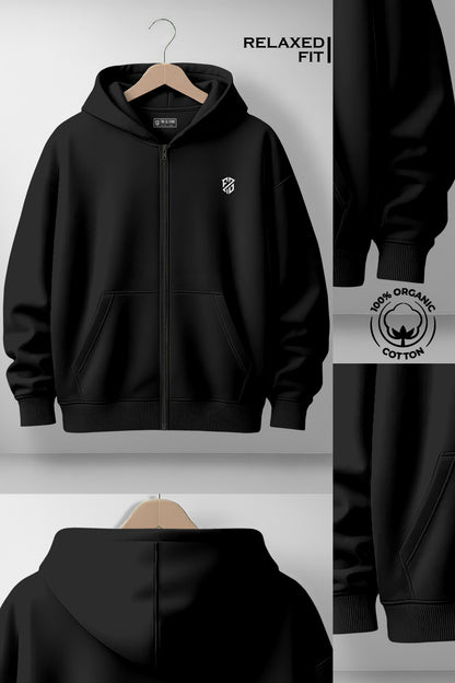 Black relaxed fit zip-up hoodie, front and back view, organic cotton, chest logo