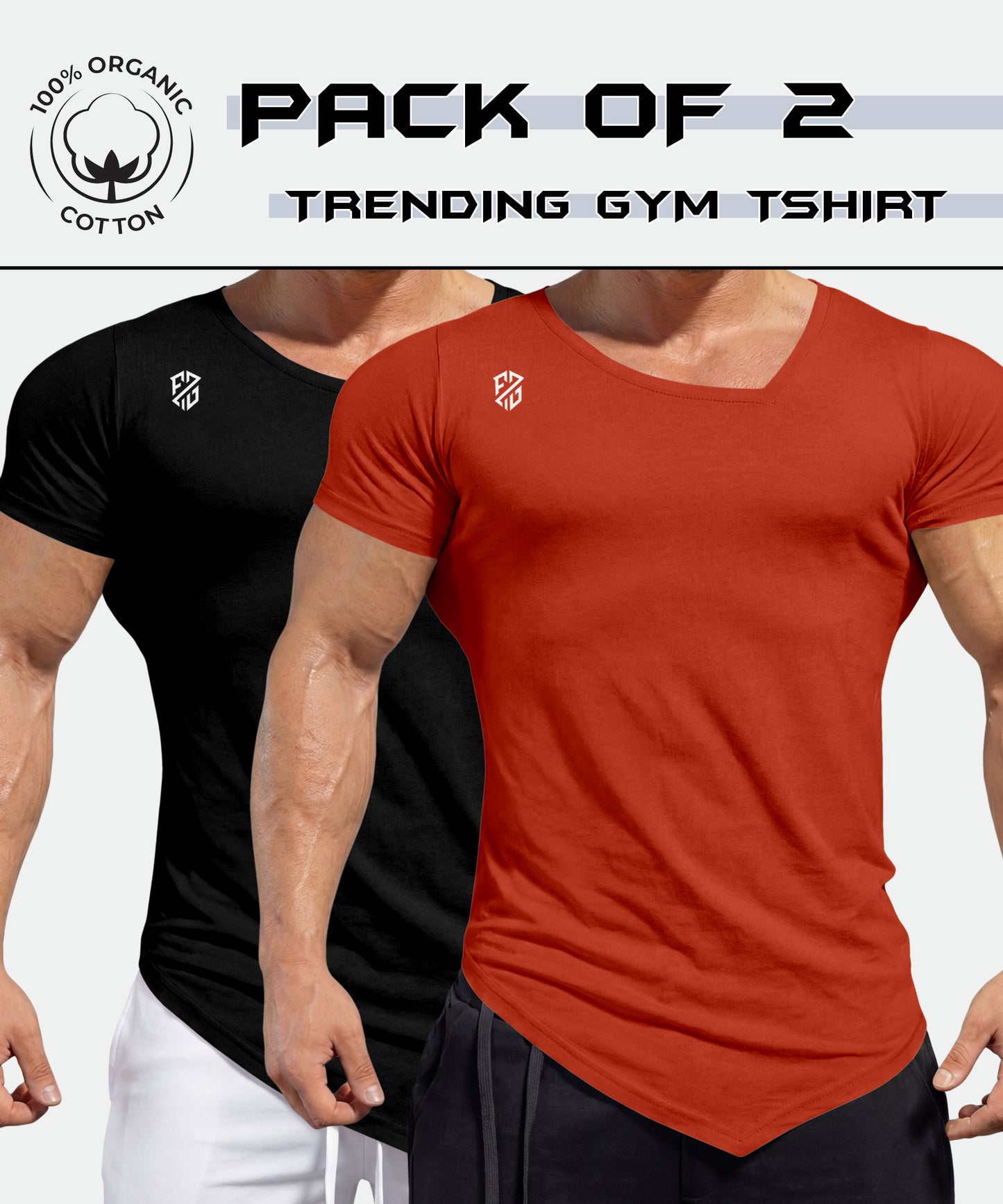 Pack of 2 men's gym t-shirts, black and red, made from 100% organic cotton