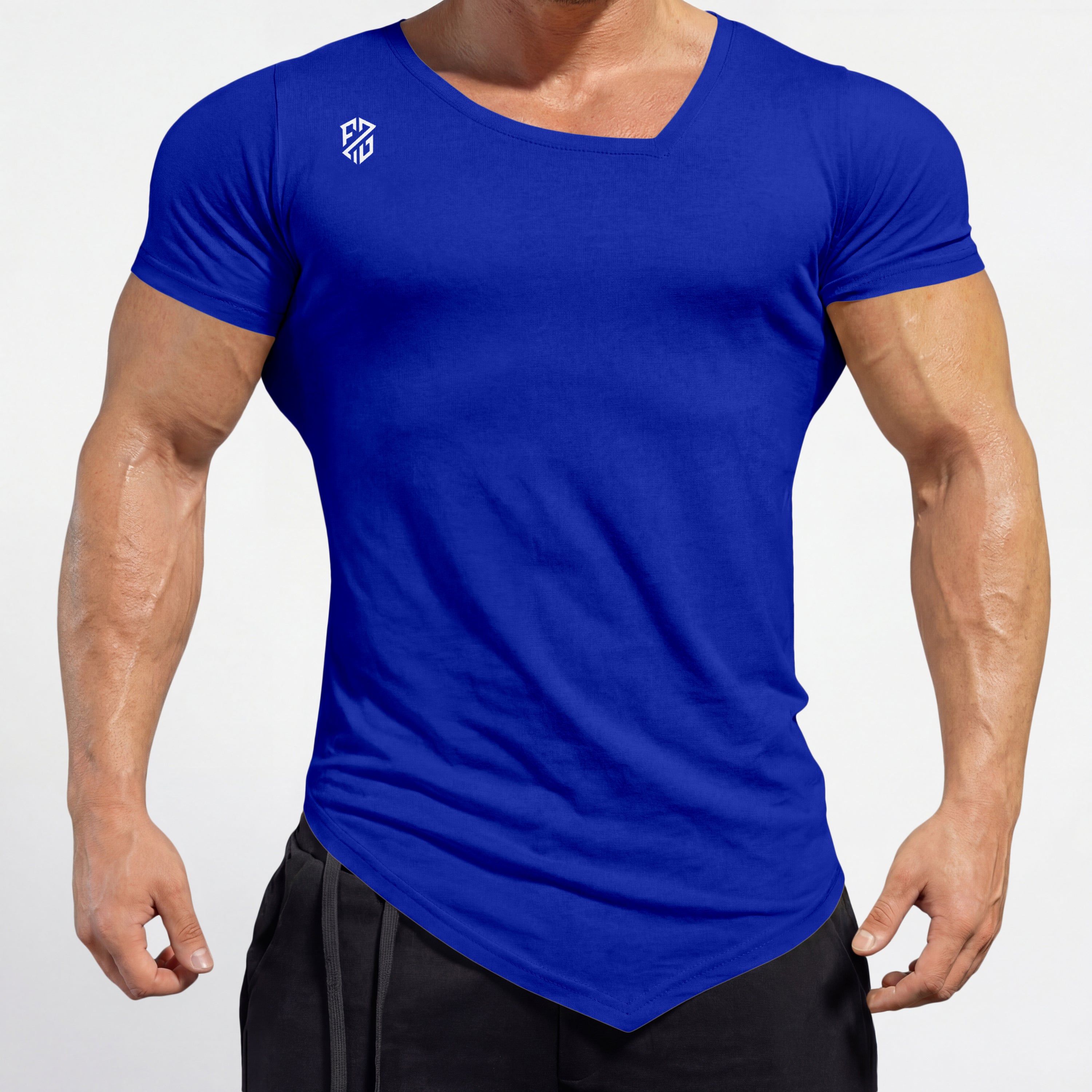 Longline Curved V-Hem Shirt - Muscle Fit Blue Gym T Shirt