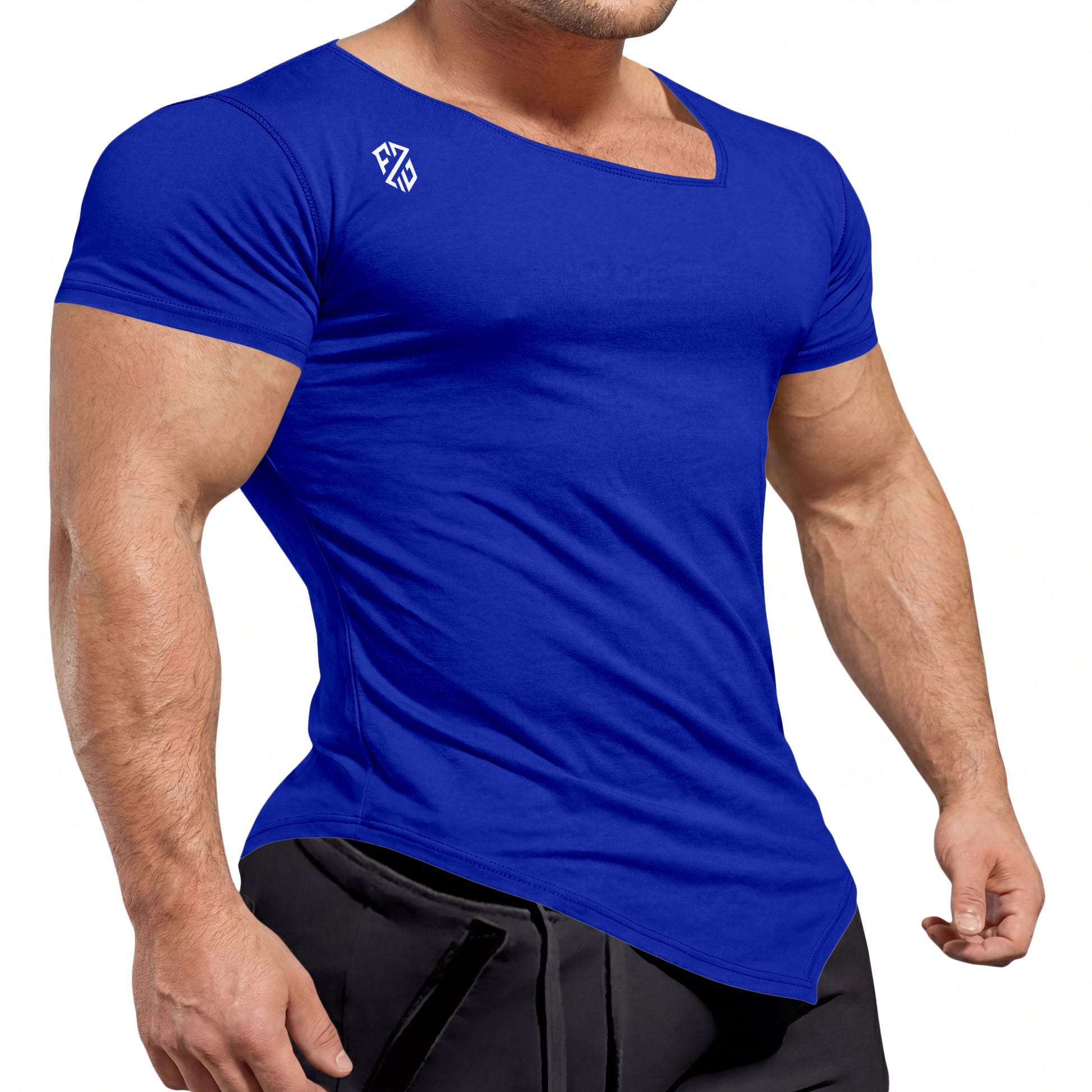 Fitted blue athletic t-shirt for men with short sleeves and small chest logo