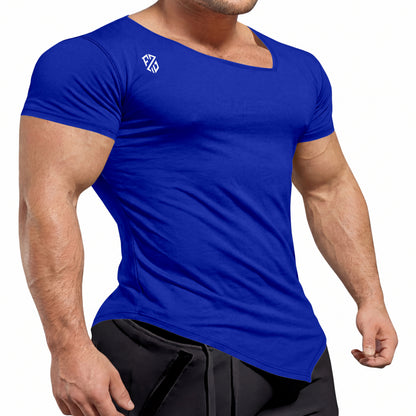 Fitted blue athletic t-shirt for men with short sleeves and small chest logo