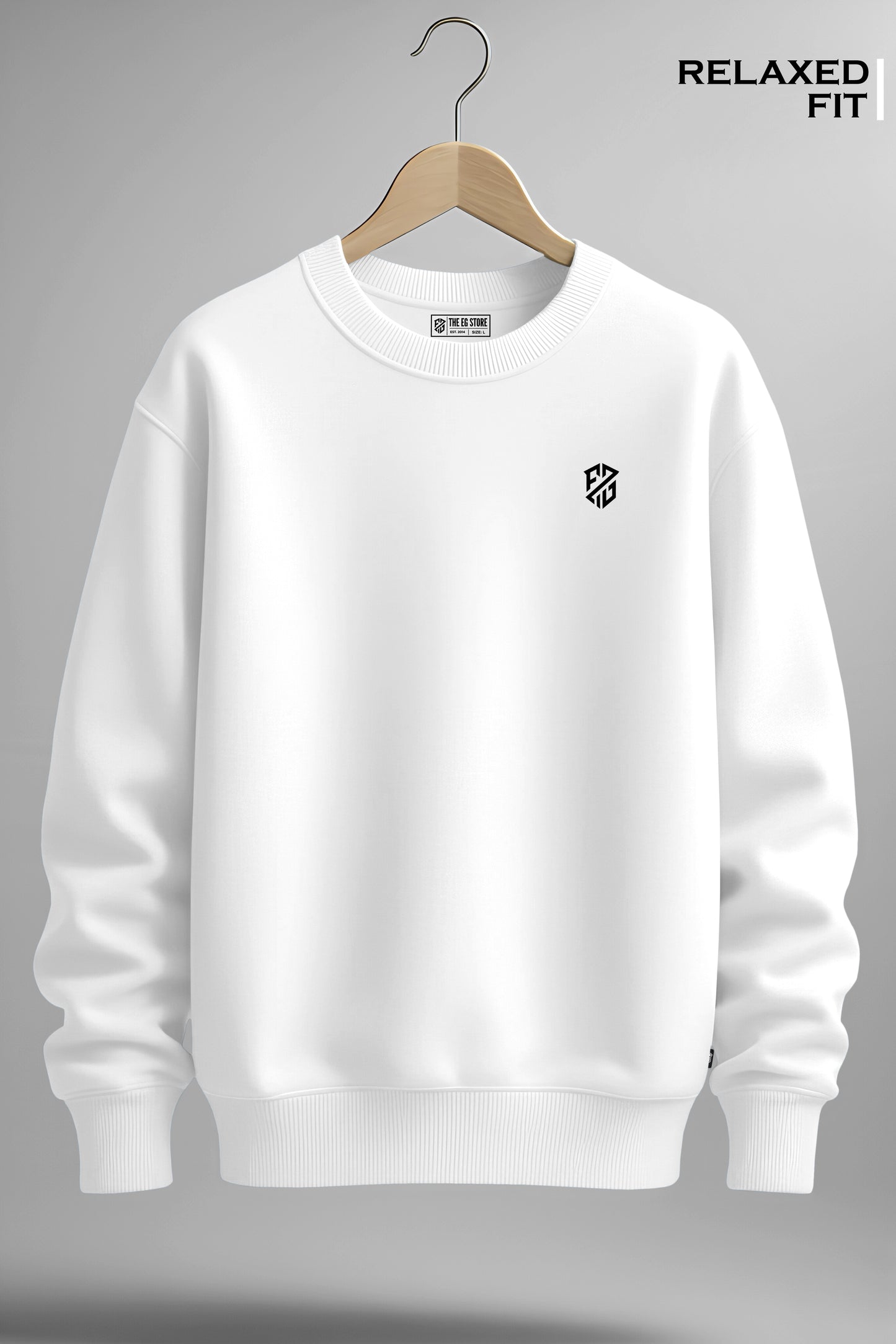 White relaxed fit sweatshirt with small black geometric chest logo on hanger